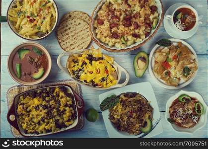 Tex-Mex  cuisine, Traditional assorted dishes, Top view.
