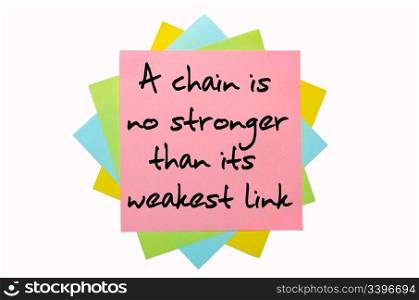 "text "A chain is no stronger than its weakest link" written by hand font on bunch of colored sticky notes"
