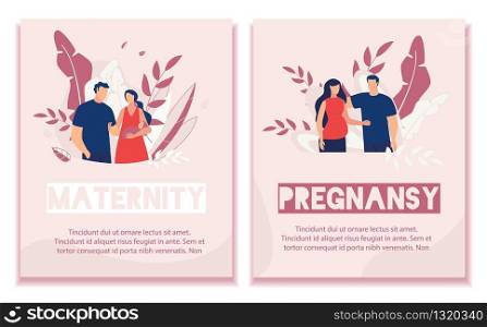 Text Banner Set Advertise Pregnancy and Maternity. Cartoon Father Hugging Mother Standing with Newborn Baby in Hand and Man Embracing Pregnant Woman. Happy Parenthood. Vector Flat Illustration. Text Banner Set Advertise Pregnancy and Maternity