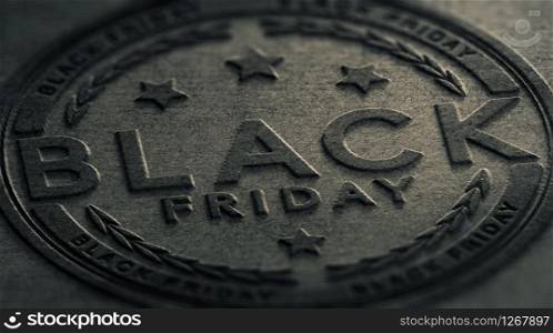 Text Black Friday embossed on a dark grey paper texture. Sales concept. 3D illustration.. Grungy Black Friday Event Sign