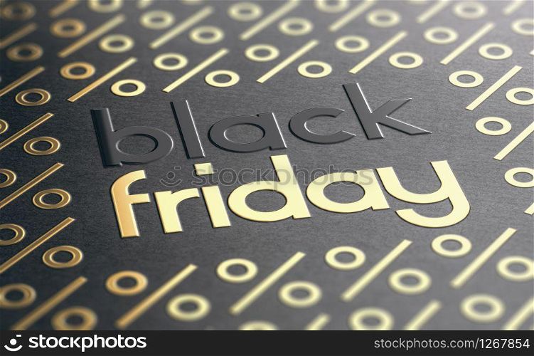 Text Black Friday embossed on paper texture with golden percent symbols. Sale event background. 3D illustration.. Black Friday Background