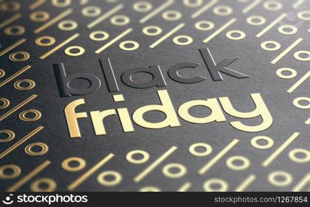 Text Black Friday embossed on paper texture with golden percent symbols. Sale event background. 3D illustration.. Black Friday Background