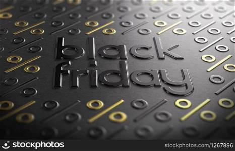 Text Black Friday embossed on paper texture with golden percent symbols. Sales concept.3D illustration.. Black Friday Event Sign