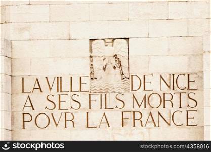 Text carved on a wall, Monument Aux Morts, Cote d&acute;Azur, Cannes, Provence-Alpes-Cote D&acute;Azur, France