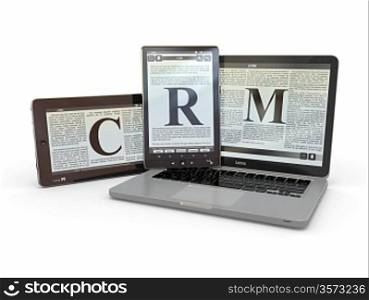 Text CRM on screen of laptop, tablet pc. 3d