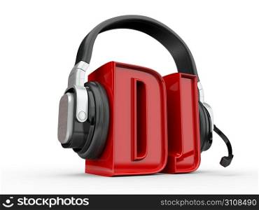 Text DJ and handphones on white isolated background. 3d