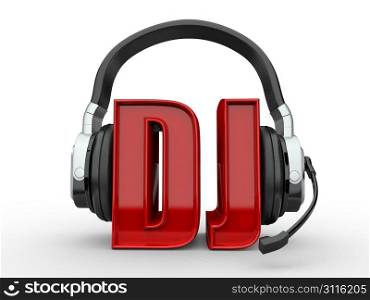 Text DJ and handphones on white isolated background. 3d