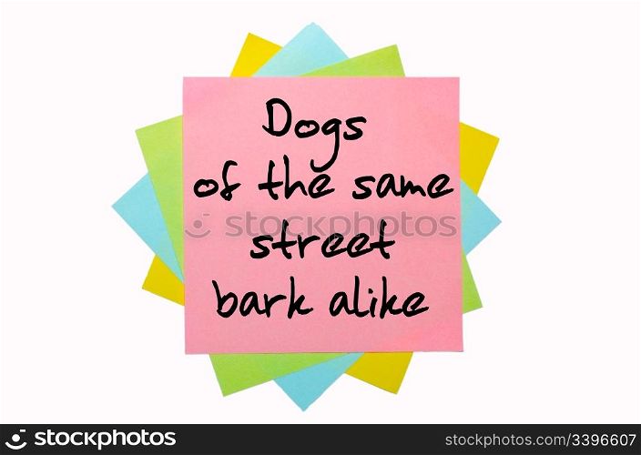 "text "Dogs of the same street bark alike" written by hand font on bunch of colored sticky notes"
