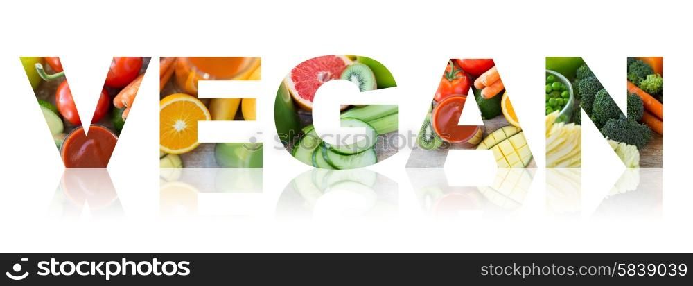 text, healthy eating, food, vegetarian and diet concept - vegan word of fruits and vegetables background