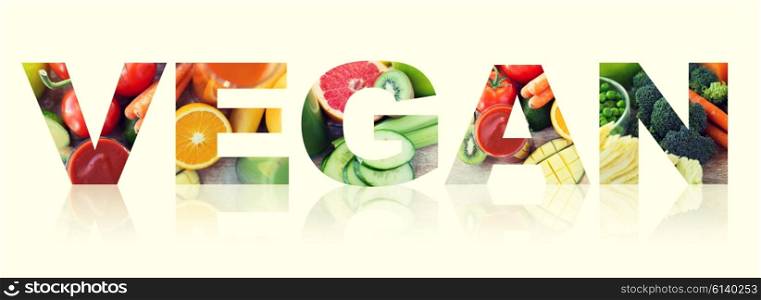 text, healthy eating, food, vegetarian and diet concept - vegan word of fruits and vegetables background