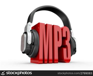 Text MP3 and handphones on white isolated background. 3d