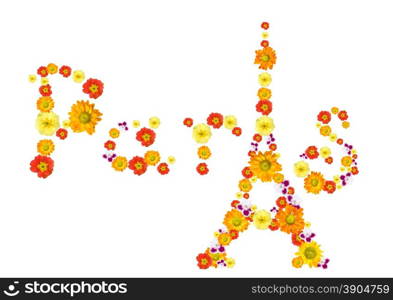 text paris with eiffel tower from flowers isolated on white