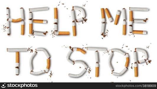 Text &rsquo;&rsquo;help me to stop&rsquo;&rsquo; made from broken cigarettes