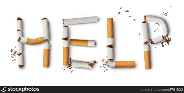 Text &rsquo;&rsquo;help&rsquo;&rsquo; made from broken cigarettes