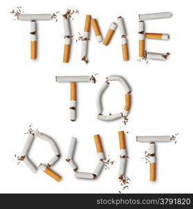 Text &rsquo;&rsquo;time to quit&rsquo;&rsquo; made from broken cigarettes