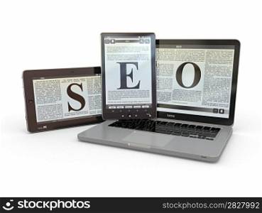 Text SEO on screen of laptop, tablet pc. 3d