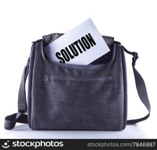 "Text "Solution" coming out of a gray bag, isolated over white"
