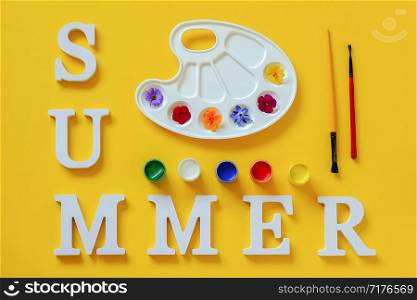 Text Summer, bright colorful flowers on artistic palette, brush and gouache on yellow background. Creative concept summer colors paint. Top view Flat lay Template for design postcard invitation.. Text Summer, bright colorful flowers on artistic palette, brush and gouache on yellow background. Creative concept summer colors paint. Top view Flat lay Template for design postcard invitation