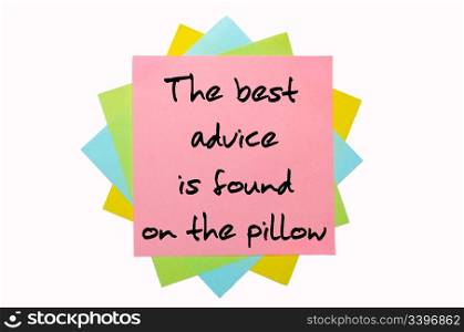 "text " The best advice is found on the pillow " written by hand font on bunch of colored sticky notes"