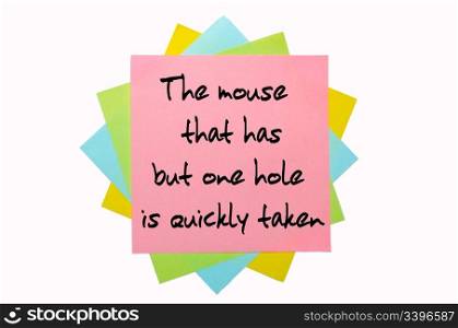 "text " The mouse that has but one hole is quickly taken " written by hand font on bunch of colored sticky notes"