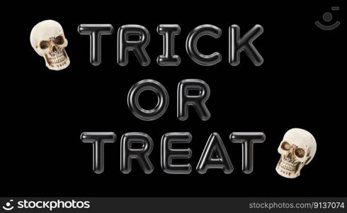 Text TRICK OR TREAT and some skulls, deaths-heads isolated on black background. Halloween decoration. Cut out. Design element for greeting card, invitation, advertising. Happy Halloween. 3D rendering. Text TRICK OR TREAT and some skulls, deaths-heads isolated on black background. Halloween decoration. Cut out. Design element for greeting card, invitation, advertising. Happy Halloween. 3D rendering.