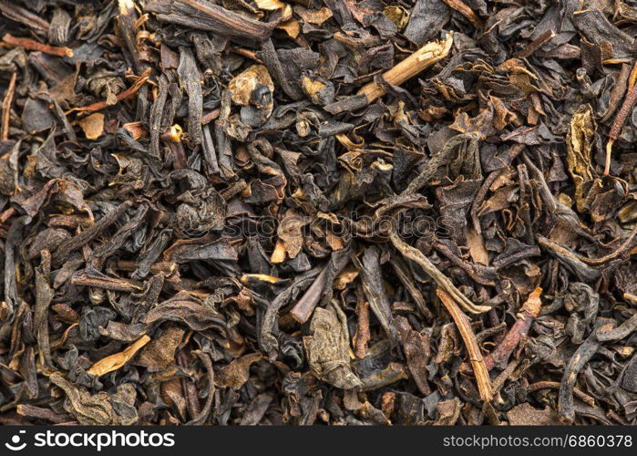 texture of Chinese bohea black tea, macro image of loose leaves