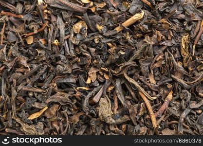 texture of Chinese bohea black tea, macro image of loose leaves