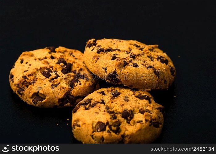 Texture of cookie with chocolate. Close up of chocolate chip cookies, stacked chocolate chip cookies