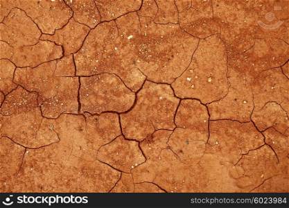 Texture of cracked red clay soil closeup
