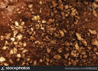 texture of fresh cake sprinkled with crushed walnuts closeup