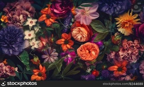 Texture of live mixed european multicolored blooming flowers for background, wallpaper. AI generated. Realistic colors, high quality illustration.. Texture of live mixed european multicolored blooming flowers for background, wallpaper. AI generated.