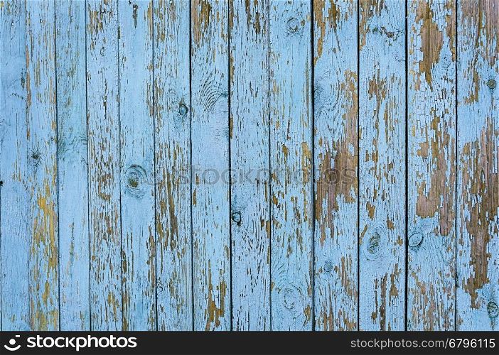 Texture of old weathered blue wooden planked fence