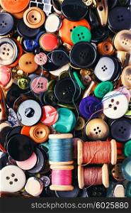 Texture of variety of buttons from clothing and thread.Top view. texture of the buttons