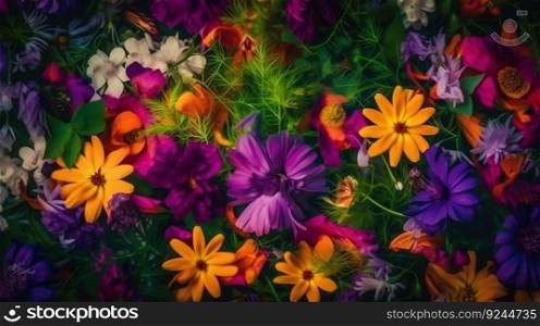 Texture of vibrant mixed american colorful blooming flowers for background, wallpaper. AI generated. Realistic colors, high quality illustration.. Texture of vibrant mixed american colorful blooming flowers for background, wallpaper. AI generated.
