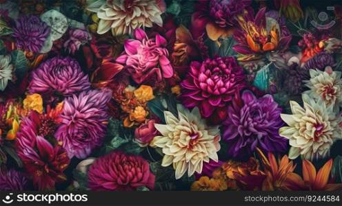 Texture of vibrant mixed oriental multicolored blooming flowers for background, wallpaper. AI generated. Realistic colors, high quality illustration.. Texture of vibrant mixed oriental multicolored blooming flowers for background, wallpaper. AI generated.