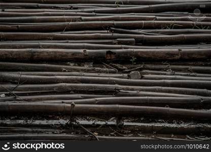 Texture pattern of Old bamboo raft at the swamps. A way to travel by water. copy space.