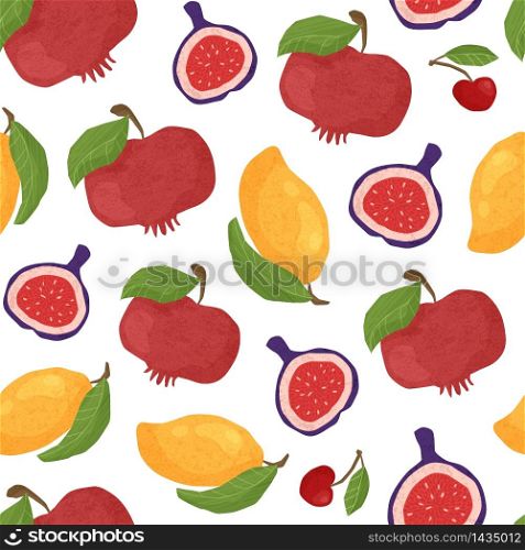Textured fruit seamless pattern white background - pomegranates, figs and tropical mango. Healthy diet vegan organic food with hand made textures. Paper cut effected flat vector objects. Textured fruit hand drawn set