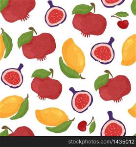 Textured fruit seamless pattern white background - pomegranates, figs and tropical mango. Healthy diet vegan organic food with hand made textures. Paper cut effected flat vector objects. Textured fruit hand drawn set