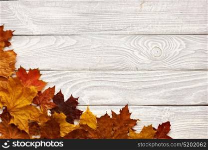 Textured vintage rustic wooden background with autumn yellow leaves