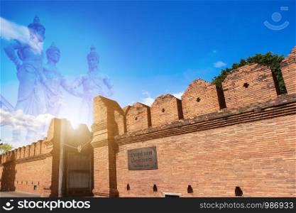 Tha Phae Gate Chiang Mai old city ancient wall and of Three Kings Monument Builders abstract background in Chiang Mai Northern Thailand.