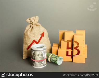 Thai baht symbol with goods and an arrow up. Growing profits. Increase in budget revenues. Increasing consumption, trade balance. Economy growth. High sales. Import export.