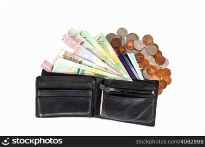 Thai bangnotes ,credit cards in wallet and coins isolated on white background
