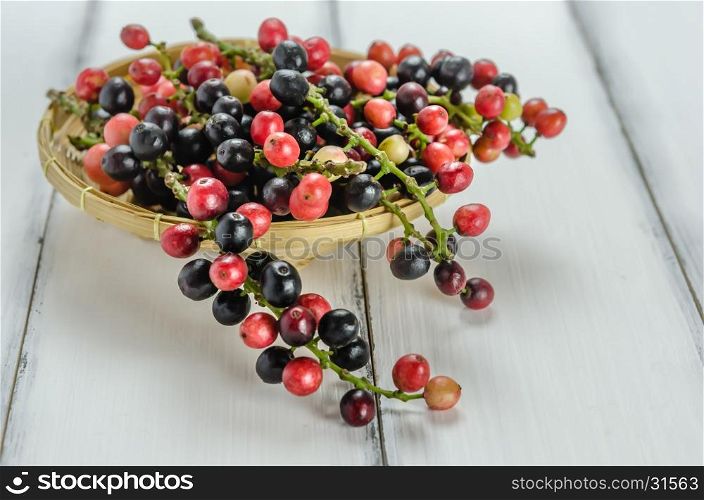 Thai Blueberry fruits. Thai Blueberry in bamboo basket over wooden background