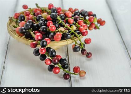 Thai Blueberry fruits. Thai Blueberry in bamboo basket over wooden background