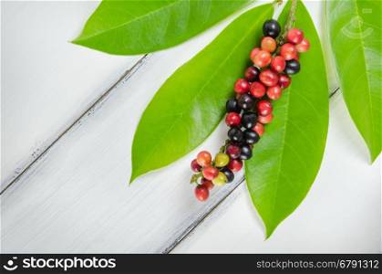 Thai Blueberry fruits with leaves over wooden background , still life