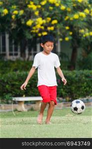 Thai boy playing soccer in garden.