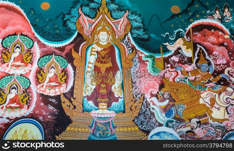 Thai Buddhist mural on temple wall, Thailand