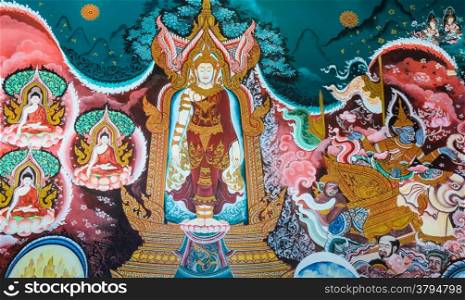 Thai Buddhist mural on temple wall, Thailand