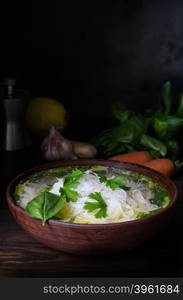 Thai chicken noodle soup, dark moody still life