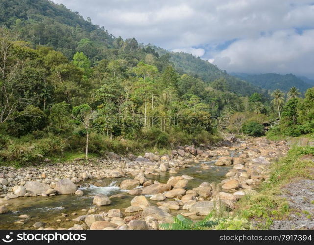 Thai countryside nature background. Rocky creek in Nakhon Si Thammarat, Thailand